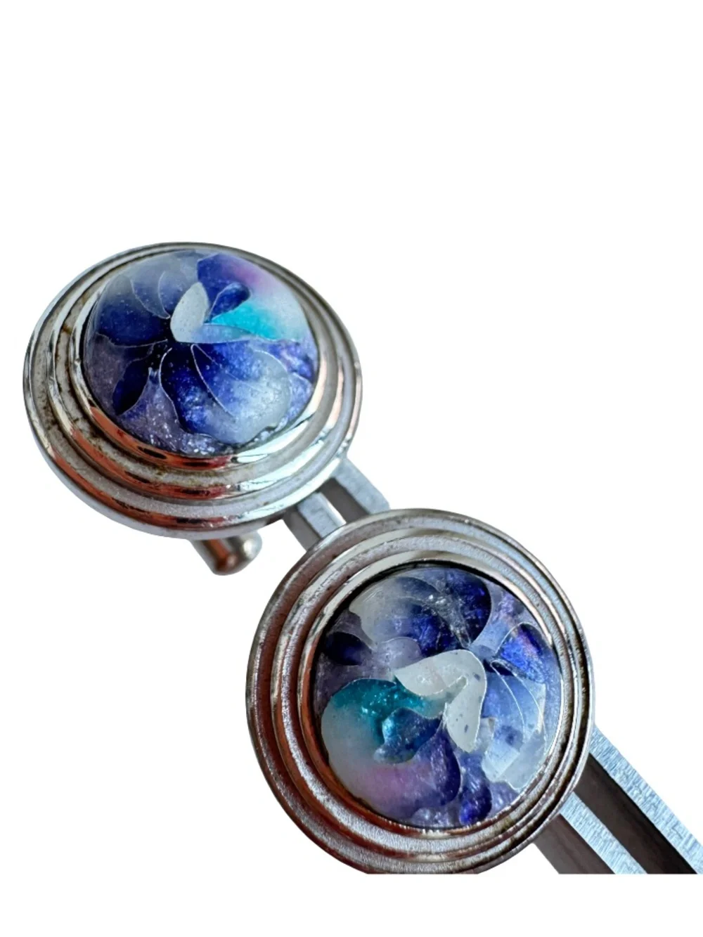 Japanese Cloisonne Cufflinks Blue White Floral Enamel Vintage Wedding Suits Wear